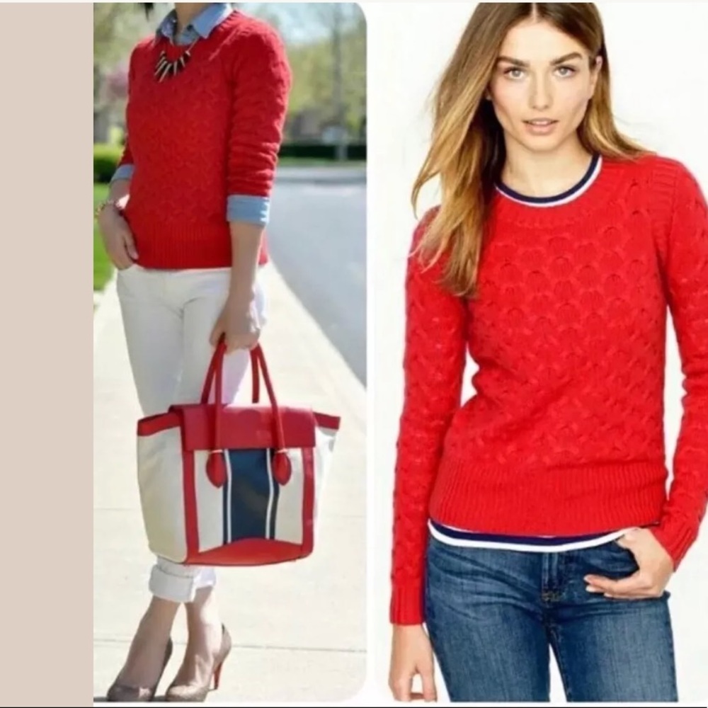 J. CREW Red Honeycomb Sweater Cable Knit Wool Blends Classic Poppy Pullover